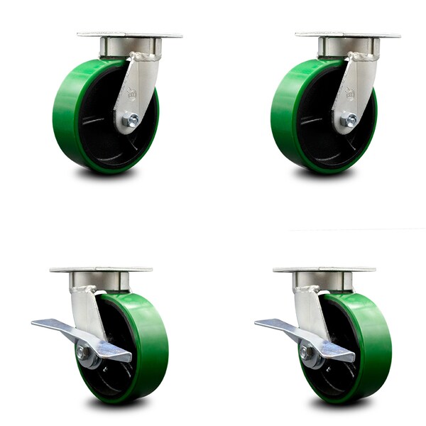 6 Inch Kingpinless Green Poly on Steel Wheel Swivel Caster Set with 2 Brakes SCC